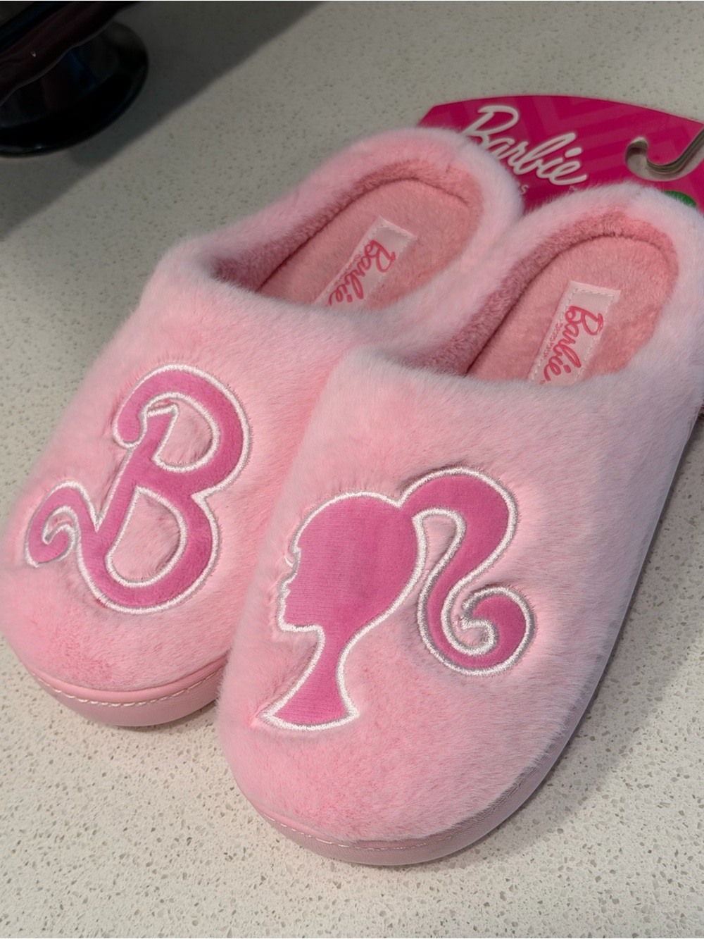 Barbie Plush Pink Slide Slippers with Logo Silhouette